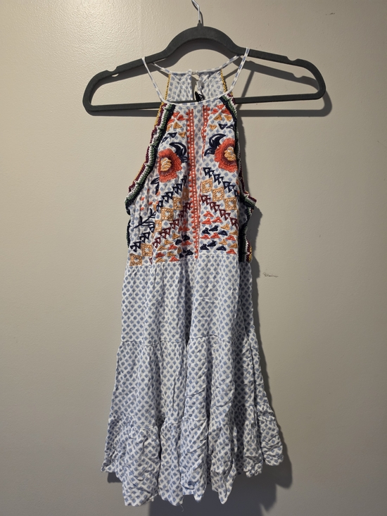 THML Dresses & Skirts - THML White and Blue Embroidered Halter Dress with Multicolor Accents